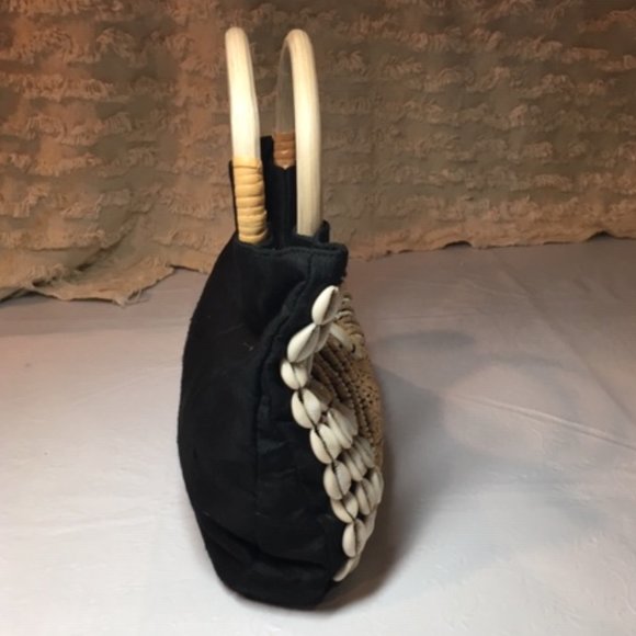 LIKE NEW Silk Purse Black w/Beads, Cowrie Shells Wooden Handle Handbag 11.5"x 8" - Picture 7 of 8